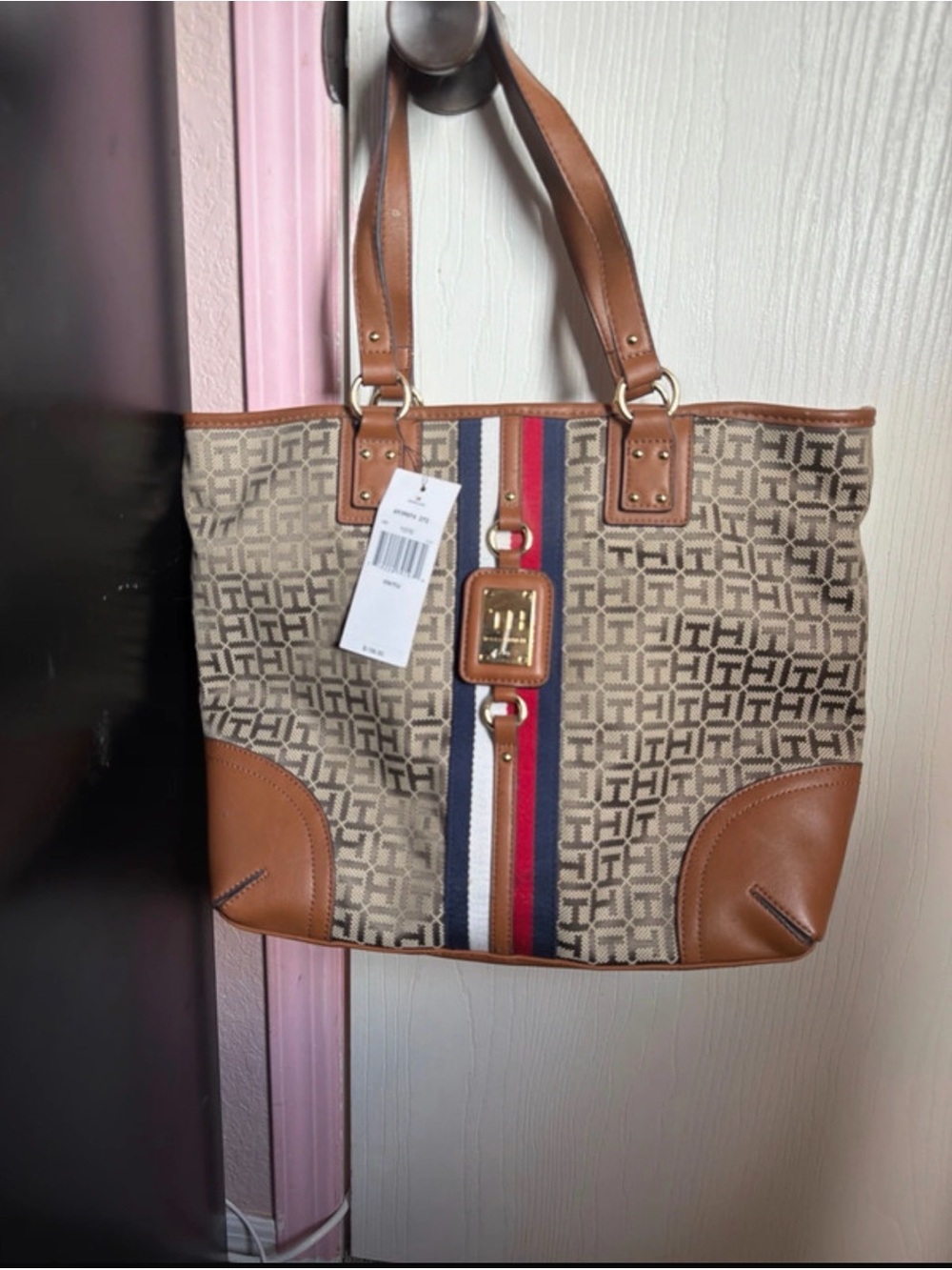 Tommy Hilfiger Beige Canvas Tote with Leather Trim and Stripe Detail